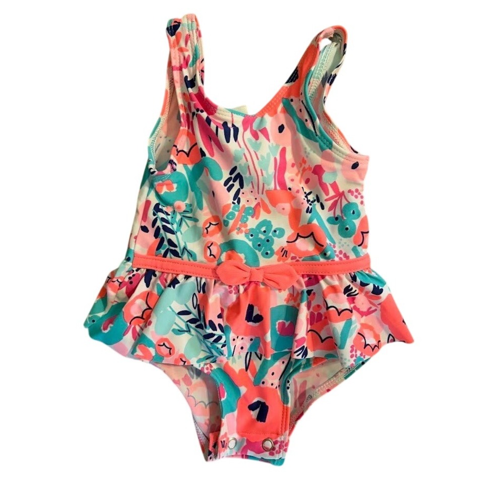 Carters Baby Girl Floral One Piece Swimsuit Ruffle Skirt Snaps Coral Teal 6M